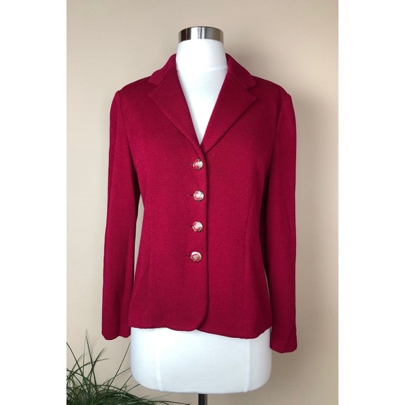 ST. JOHN | RED KNIT BUTTON DOWN JACKET 2